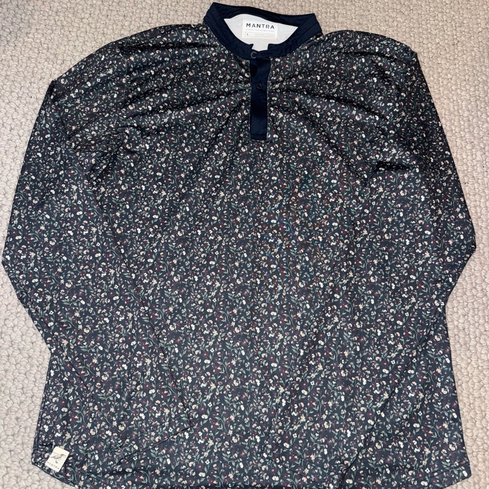 Mantra Navy Micro-Print Polo with Henley Placket